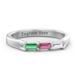 3 Stone Horizontal Baguette Ring in 925 Sterling Silver with Emerald, Ruby, and Cubic Zirconia