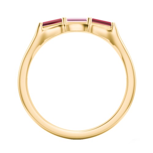 3 Stone Horizontal Baguette Ring – 10K Yellow Gold with Garnet and Pink Tourmaline
