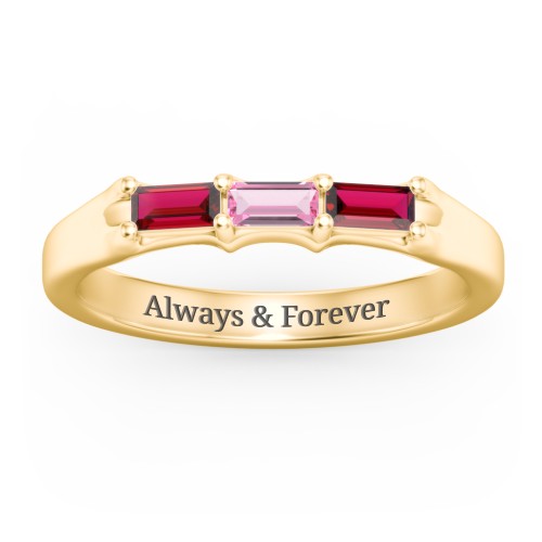 3 Stone Horizontal Baguette Ring – 10K Yellow Gold with Garnet and Pink Tourmaline