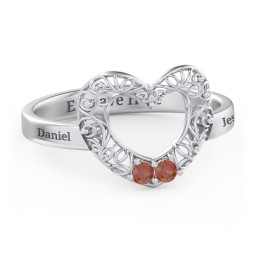 Filigree Heart Ring with Birthstones in 925 Sterling Silver with Garnet