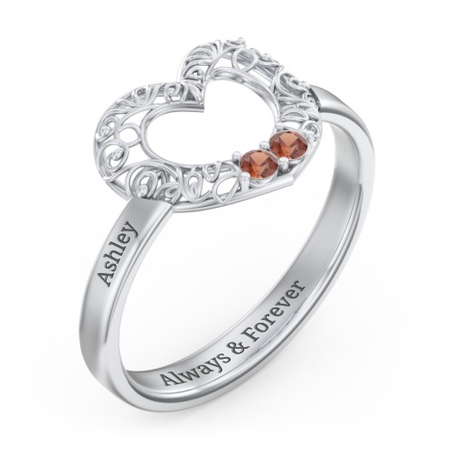 Filigree Heart Ring with Birthstones – Sterling Silver with Garnet