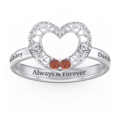 Filigree Heart Ring with Birthstones – Sterling Silver with Garnet