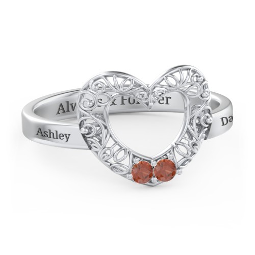 Filigree Heart Ring with Birthstones – Sterling Silver with Garnet