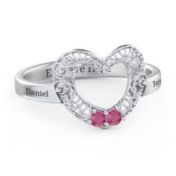 Filigree Heart Ring with Birthstones in 925 Sterling Silver with Ruby