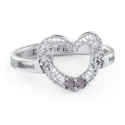 Filigree Heart Ring with Birthstones in 925 Sterling Silver with Alexandrite