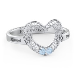 Filigree Heart Ring with Birthstones in 925 Sterling Silver with Blue Topaz