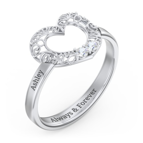 Filigree Heart Ring with Birthstones – Sterling Silver with Cubic Zirconia