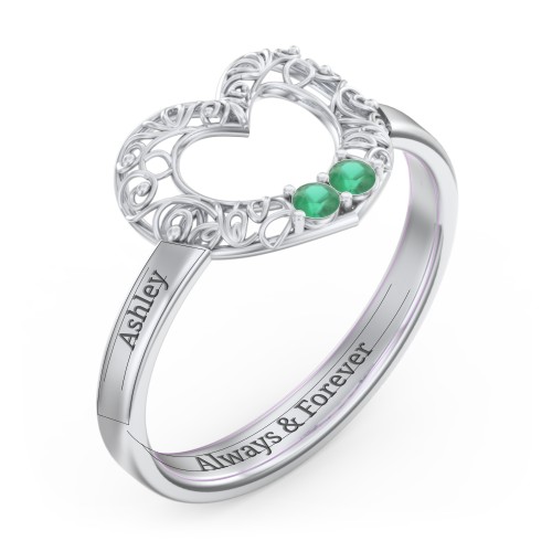 Filigree Heart Ring with Birthstones – Sterling Silver with Emerald