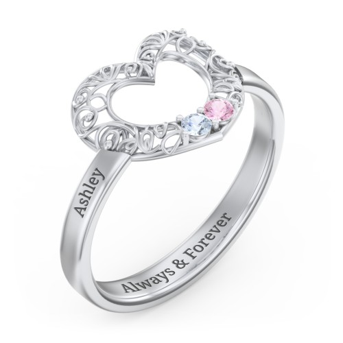 Filigree Heart Ring with Birthstones – Sterling Silver with Aquamarine and Pink Tourmaline