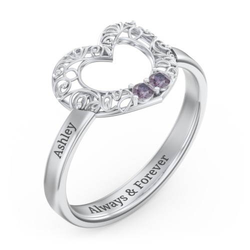 Filigree Heart Ring with Birthstones – Sterling Silver with Alexandrite