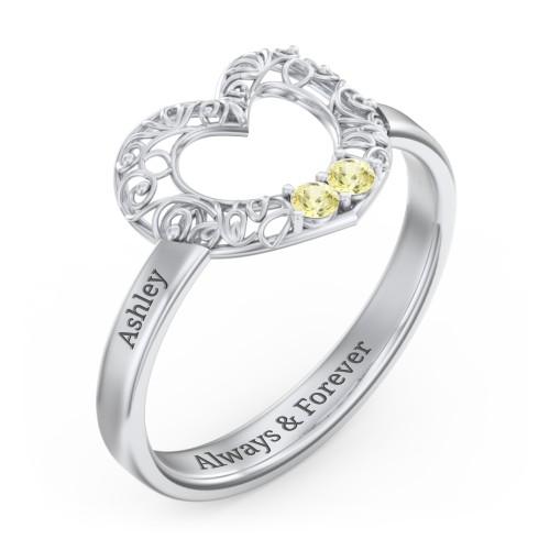 Filigree Heart Ring with Birthstones – Sterling Silver with Citrine