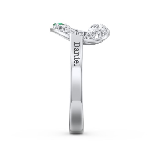 Filigree Heart Ring with Birthstones – Sterling Silver with Emerald