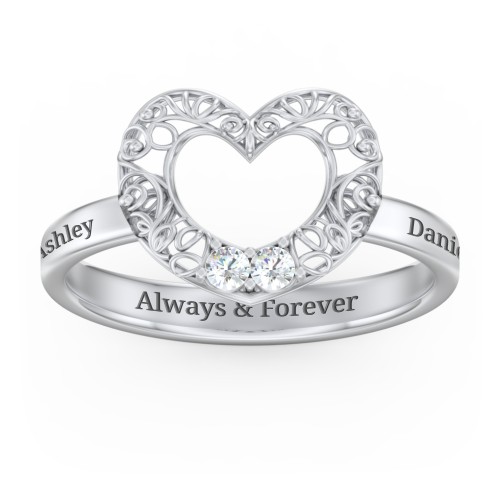 Filigree Heart Ring with Birthstones – Sterling Silver with Cubic Zirconia