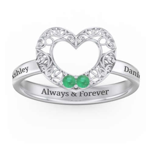 Filigree Heart Ring with Birthstones – Sterling Silver with Emerald