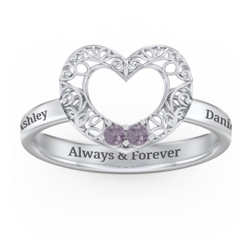 Filigree Heart Ring with Birthstones – Sterling Silver with Alexandrite