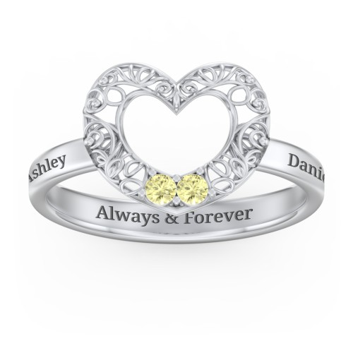 Filigree Heart Ring with Birthstones – Sterling Silver with Citrine