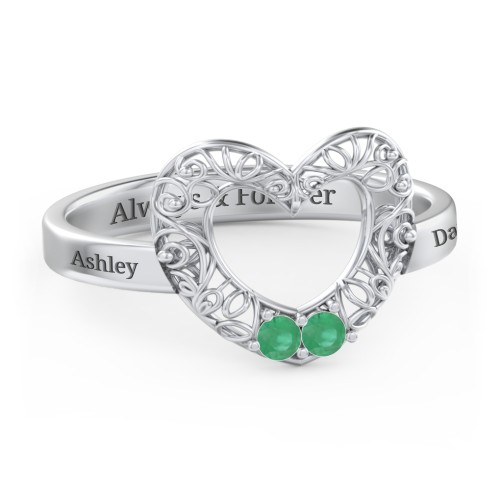Filigree Heart Ring with Birthstones – Sterling Silver with Emerald