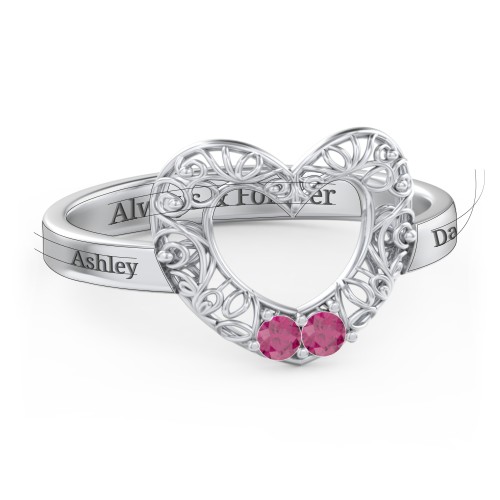 Filigree Heart Ring with Birthstones – Sterling Silver with Ruby