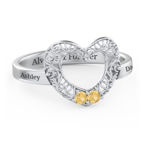 Filigree Heart Ring with Birthstones – Sterling Silver with Citrine