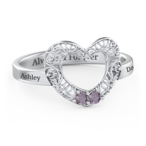 Filigree Heart Ring with Birthstones – Sterling Silver with Alexandrite