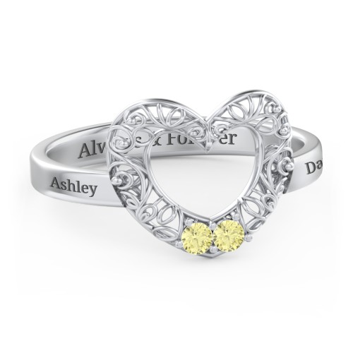 Filigree Heart Ring with Birthstones – Sterling Silver with Citrine