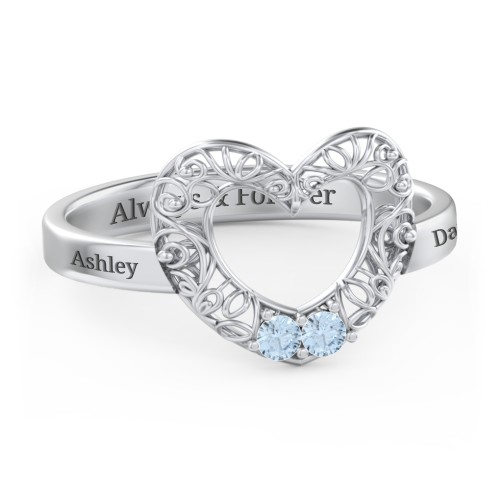 Filigree Heart Ring with Birthstones – Sterling Silver with Blue Topaz