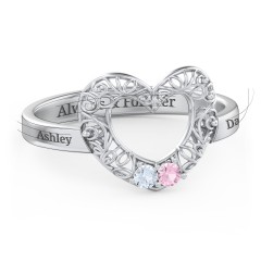 Filigree Heart Ring with Birthstones – 10K White Gold with Aquamarine and Pink Tourmaline