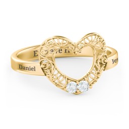 Filigree Heart Ring with Birthstones in 10K Solid Yellow Gold with Cubic Zirconia