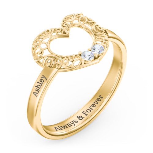 Filigree Heart Ring with Birthstones – 10K Yellow Gold with Cubic Zirconia