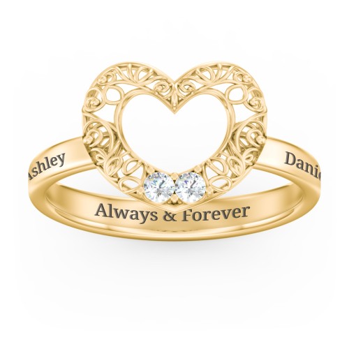 Filigree Heart Ring with Birthstones – 10K Yellow Gold with Cubic Zirconia