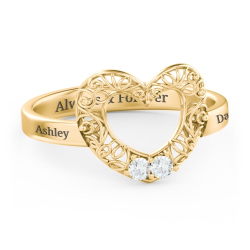 Filigree Heart Ring with Birthstones – 10K Yellow Gold with Cubic Zirconia