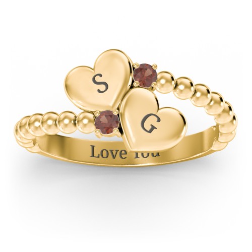 Engravable Double Heart Ring with Birthstones – 18K Gold Plated Silver with Garnet