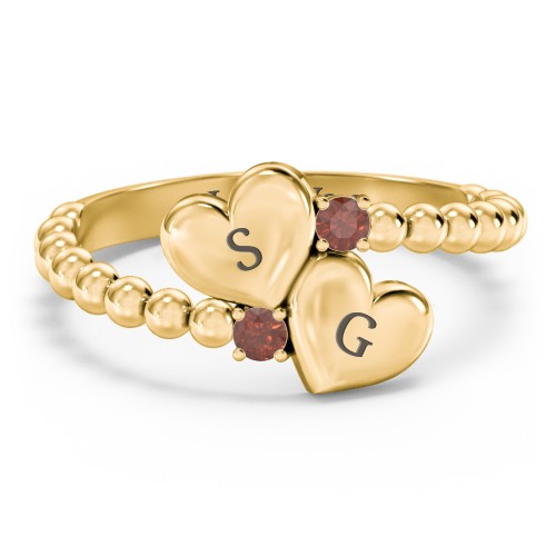 Engravable Double Heart Ring with Birthstones – 18K Gold Plated Silver with Garnet