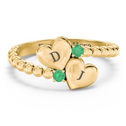 Engravable Double Heart Ring with Birthstones in 18K Gold Plated Silver with Emerald