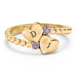 Engravable Double Heart Ring with Birthstones in 18K Gold Plated Silver with Alexandrite