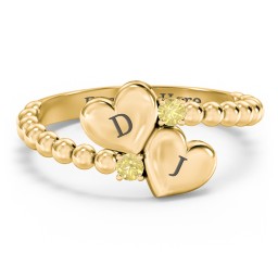 Engravable Double Heart Ring with Birthstones in 18K Gold Plated Silver with Citrine