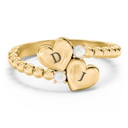 Engravable Double Heart Ring with Birthstones in 18K Gold Plated Silver with Opal