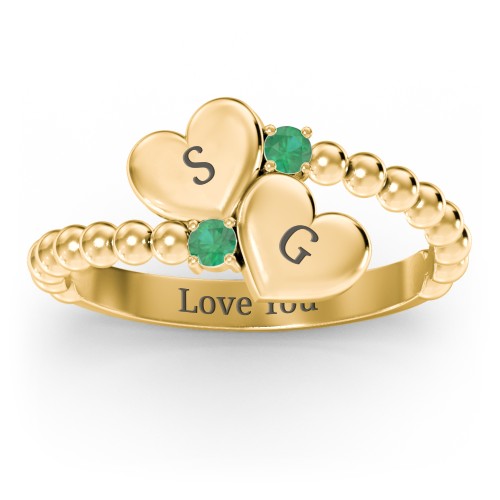 Engravable Double Heart Ring with Birthstones – 18K Gold Plated Silver with Emerald