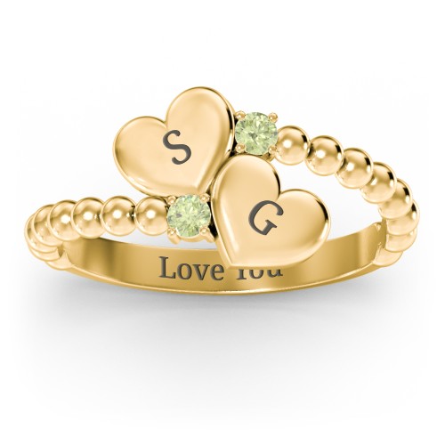 Engravable Double Heart Ring with Birthstones – 18K Gold Plated Silver with Peridot