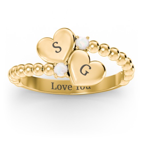 Engravable Double Heart Ring with Birthstones – 18K Gold Plated Silver with Opal
