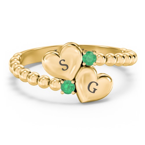 Engravable Double Heart Ring with Birthstones – 18K Gold Plated Silver with Emerald