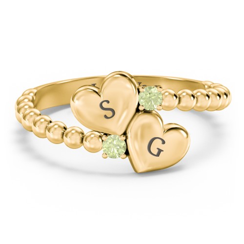 Engravable Double Heart Ring with Birthstones – 18K Gold Plated Silver with Peridot