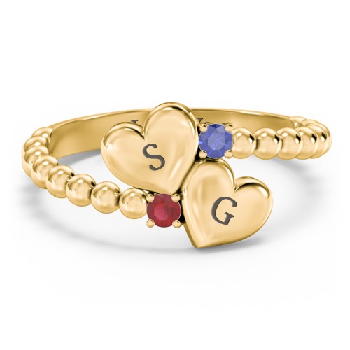 Engravable Double Heart Ring with Birthstones – 18K Gold Plated Silver with Blue Sapphire and Garnet