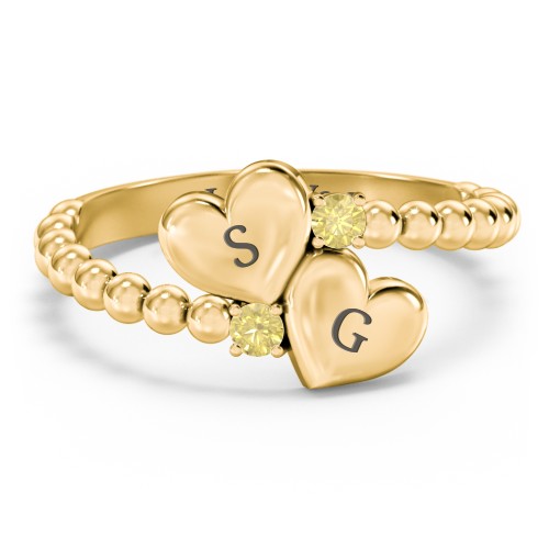 Engravable Double Heart Ring with Birthstones – 18K Gold Plated Silver with Citrine