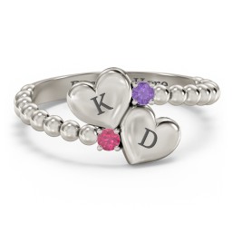 Engravable Double Heart Ring with Birthstones in 10K Solid White Gold with Amethyst and Ruby