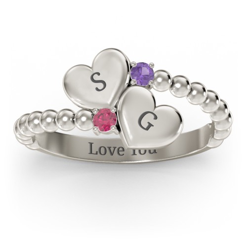 Engravable Double Heart Ring with Birthstones – 10K White Gold with Amethyst and Ruby