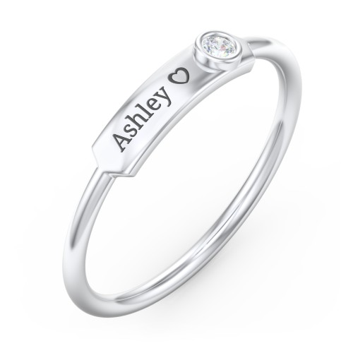 Engravable Bar Ring with Birthstone – Sterling Silver with Diamond