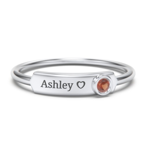 Engravable Bar Ring with Birthstone – Sterling Silver with Garnet
