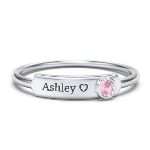 Engravable Bar Ring with Birthstone – Sterling Silver with Pink Tourmaline
