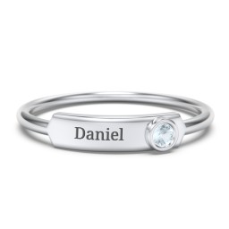 Engravable Bar Ring with Birthstone in 925 Sterling Silver with Aquamarine